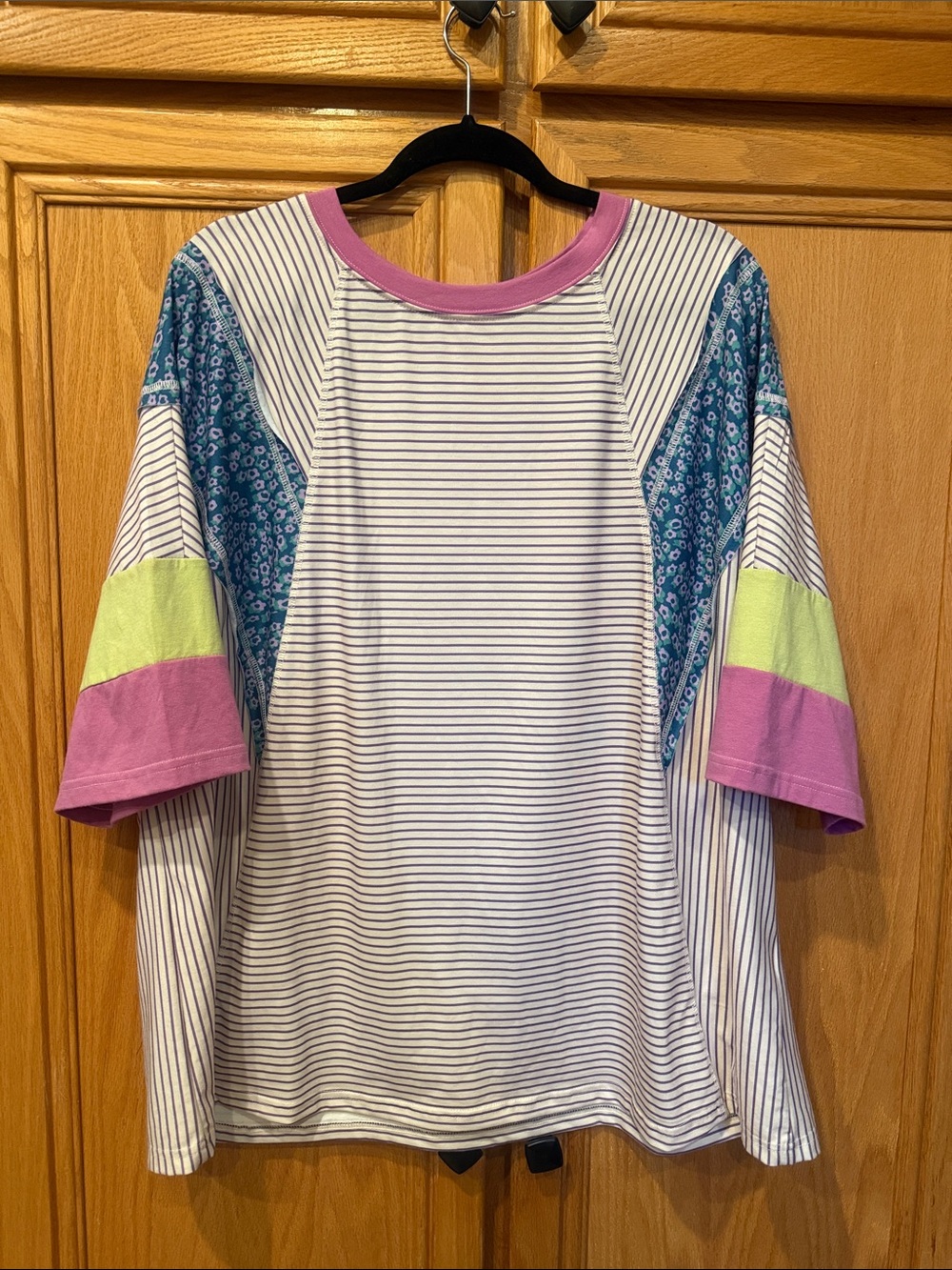 Striped Mixed-Panel Women’s Top in White and Pink